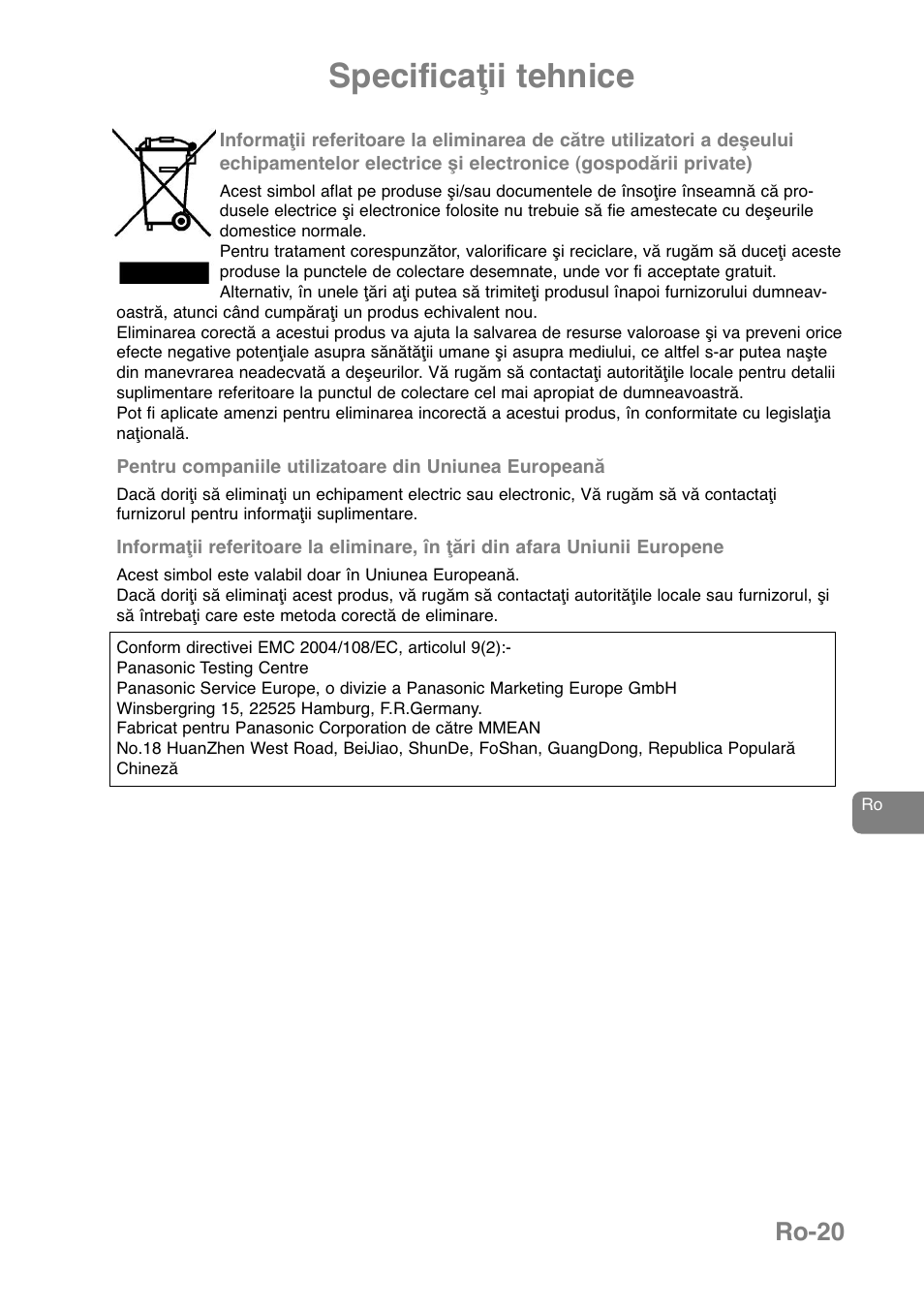 Specificaţii tehnice, Ro-20 | Panasonic NNJ169MMWPG User Manual | Page 349 / 374