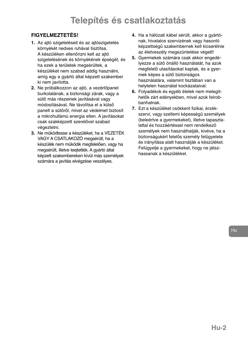 Telepítés és csatlakoztatás, Hu-2 | Panasonic NNJ169MMWPG User Manual | Page 354 / 374