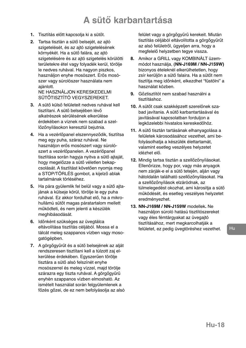 A sütő karbantartása, Hu-18 | Panasonic NNJ169MMWPG User Manual | Page 370 / 374