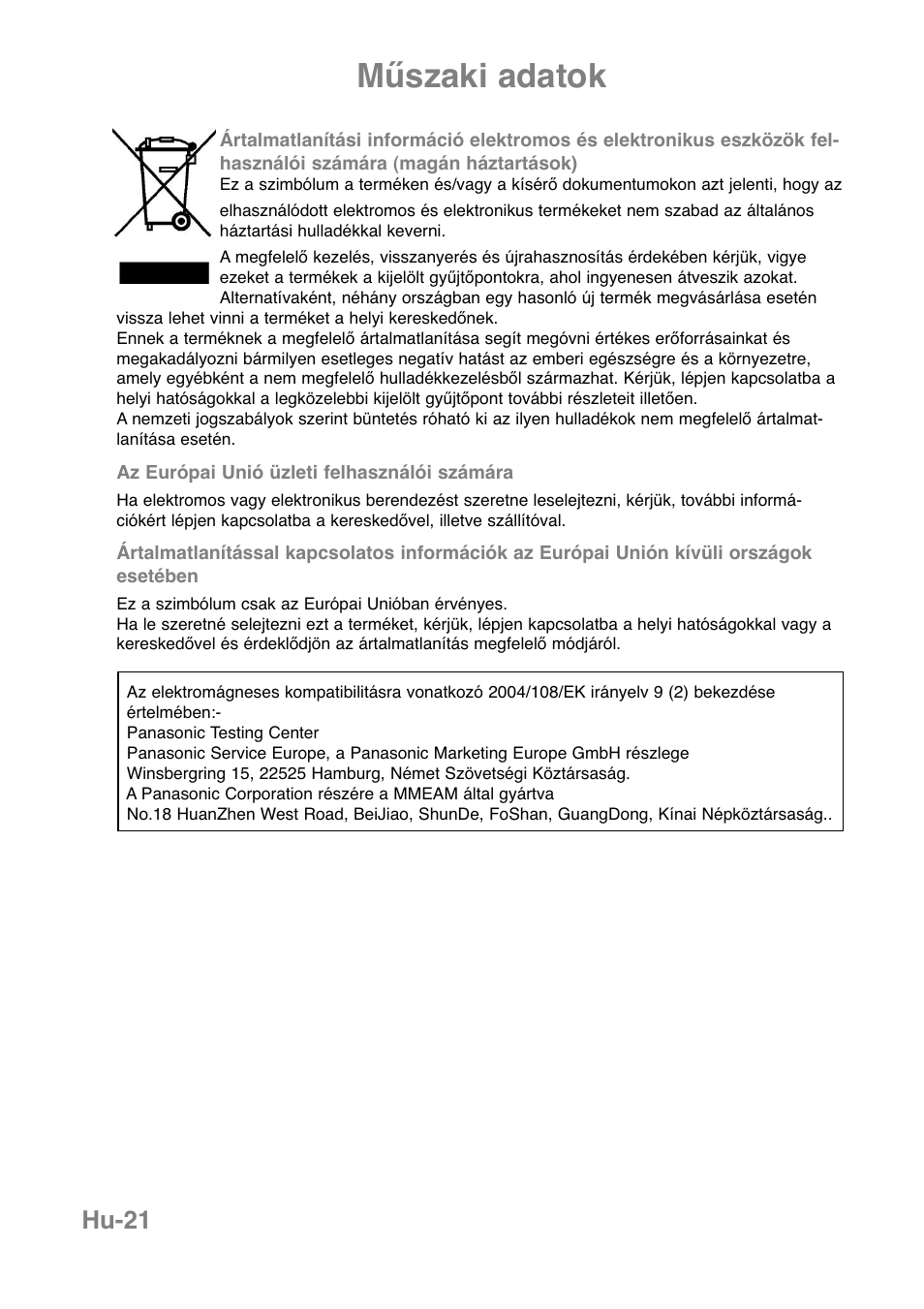 Műszaki adatok, Hu-21 | Panasonic NNJ169MMWPG User Manual | Page 373 / 374