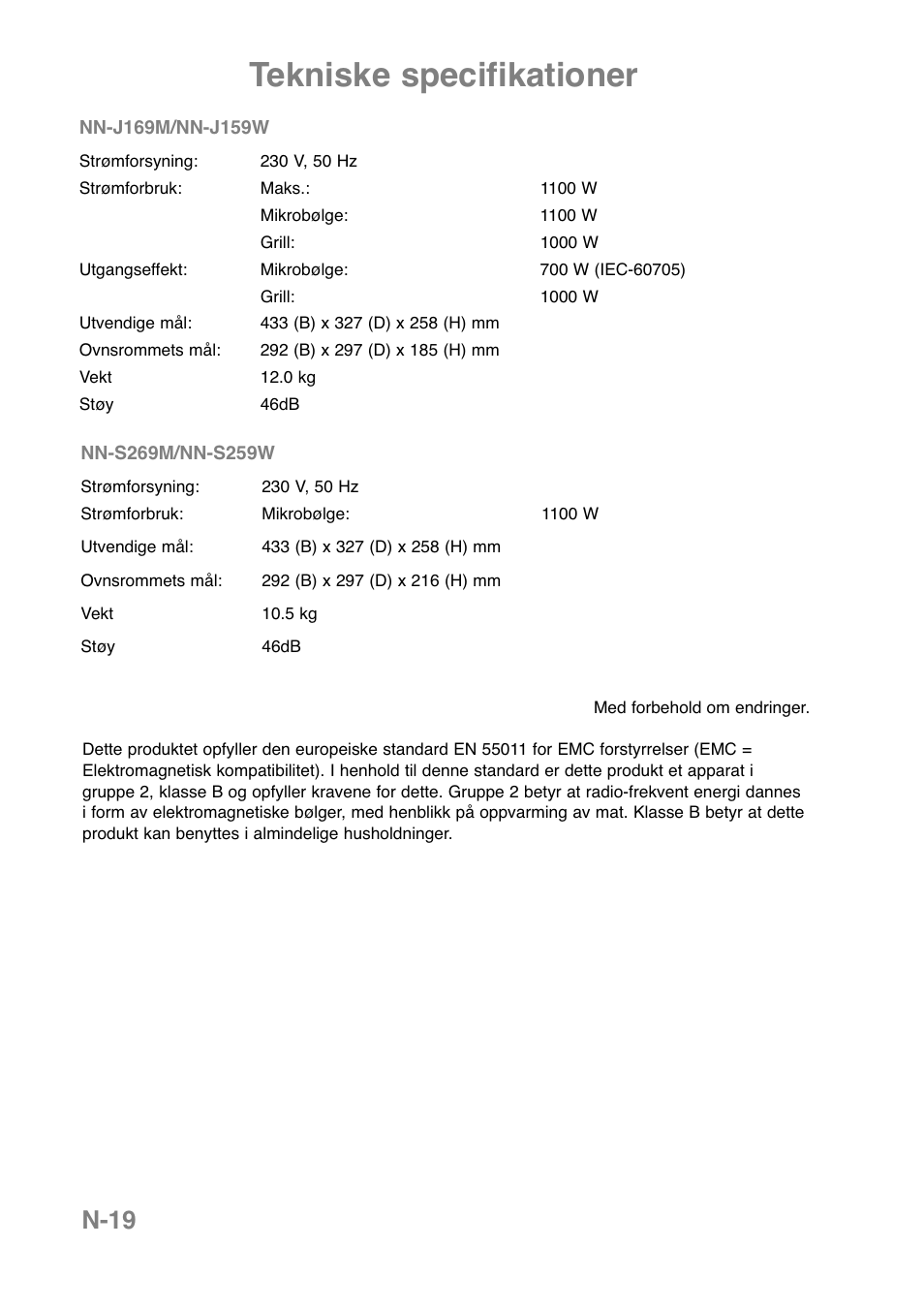 Tekniske specifikationer, N-19 | Panasonic NNJ169MMWPG User Manual | Page 45 / 374