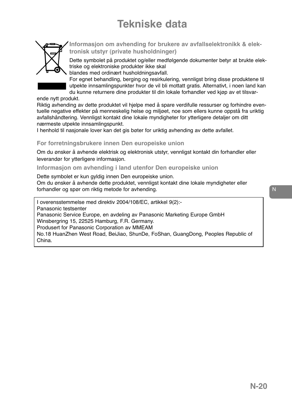 Tekniske data, N-20 | Panasonic NNJ169MMWPG User Manual | Page 46 / 374