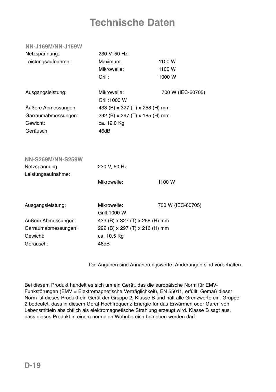 Technische daten, D-19 | Panasonic NNJ169MMWPG User Manual | Page 68 / 374