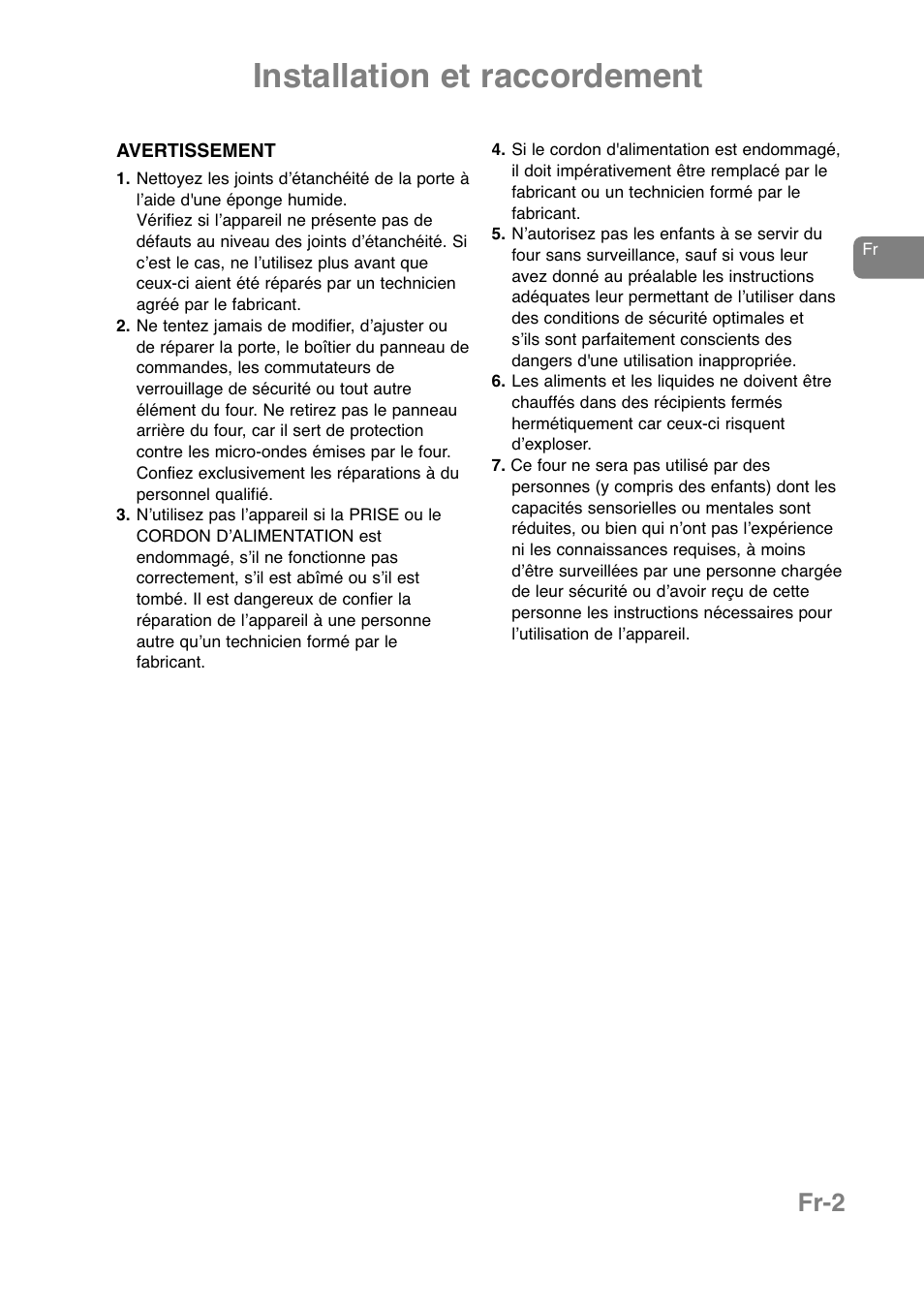 Installation et raccordement, Fr-2 | Panasonic NNJ169MMWPG User Manual | Page 74 / 374