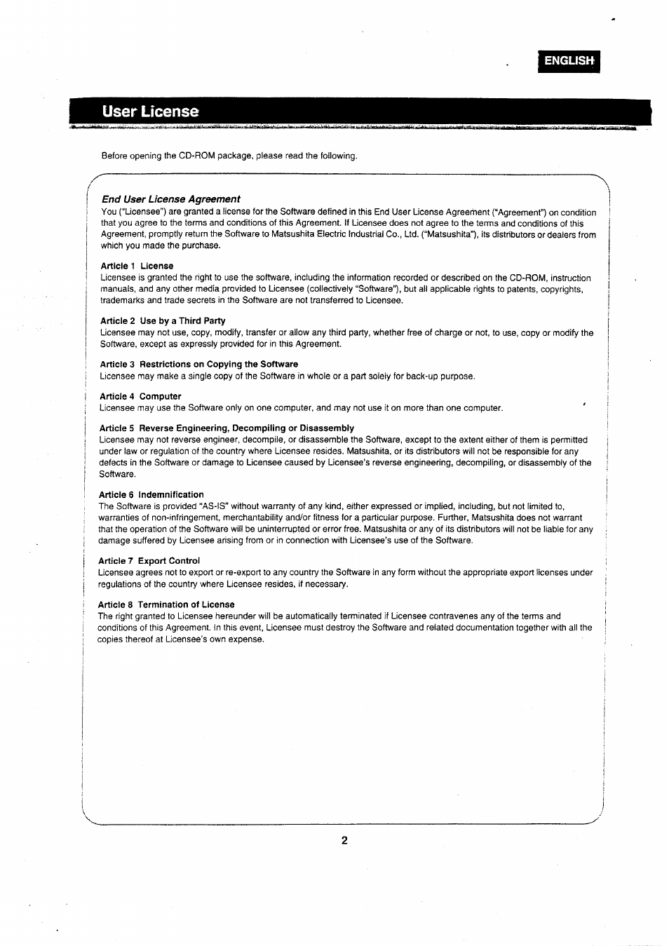 User license, English | Panasonic VWDTA29 User Manual | Page 2 / 31