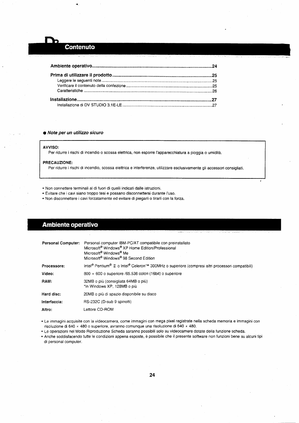 Contenuto, Ambiente operativo | Panasonic VWDTA29 User Manual | Page 23 / 31