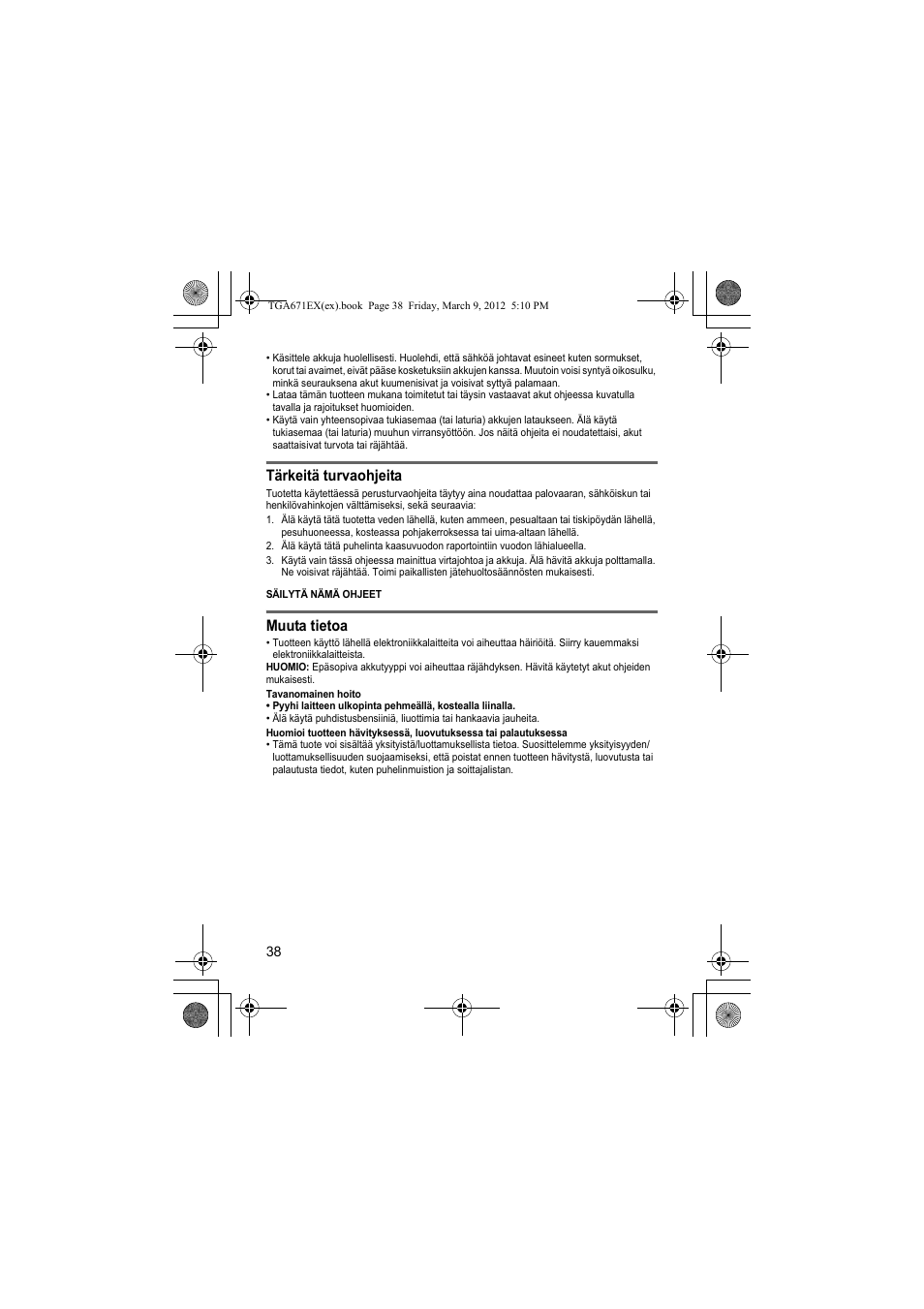 Tärkeitä turvaohjeita, Muuta tietoa | Panasonic KXTGA671EX User Manual | Page 38 / 84
