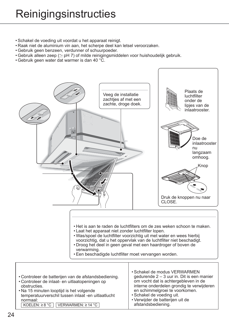 Reinigingsinstructies, Verwijder de luchtfi lter, Installatie luchtfi lter | Panasonic CU2E15PBE User Manual | Page 24 / 80