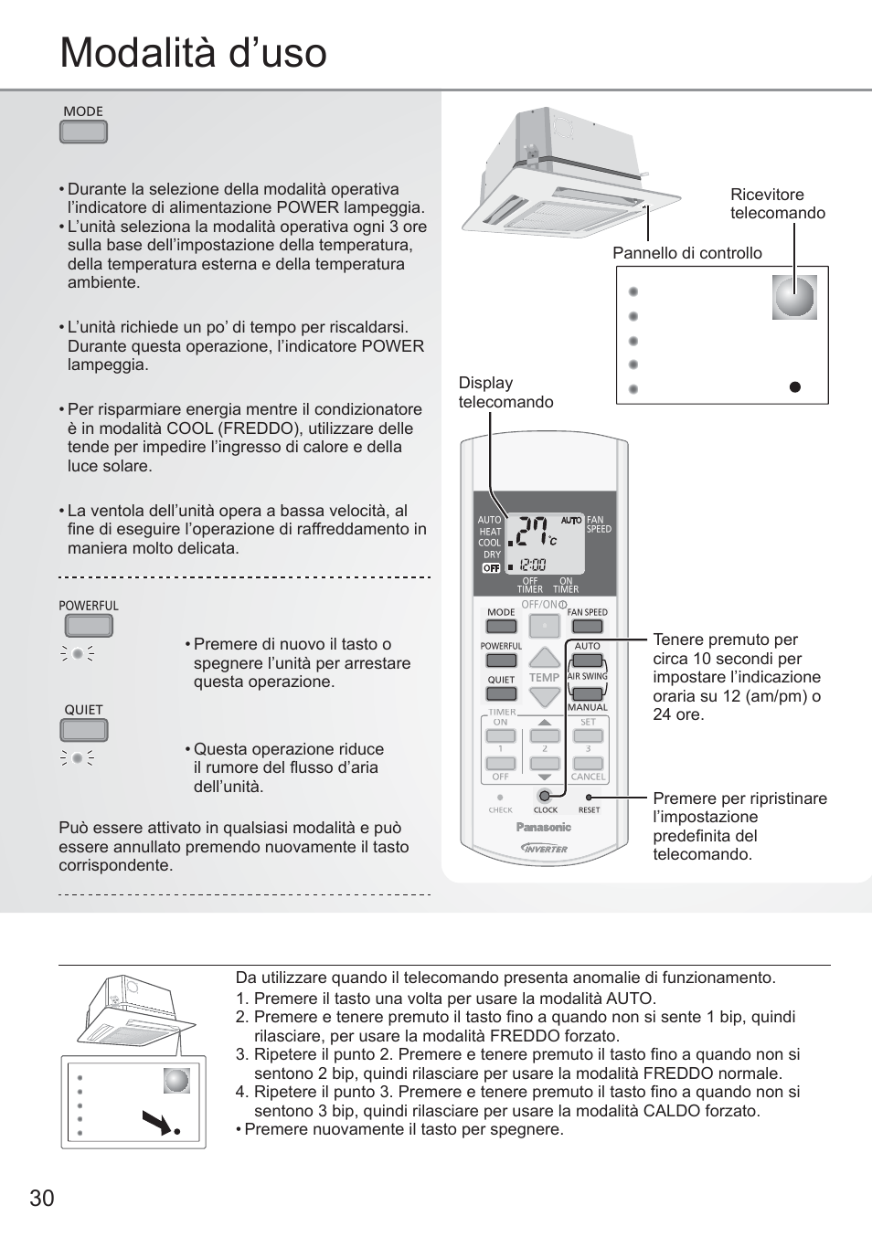 Modalità d’uso, Tasto auto off/on, Per selezionare la modalità operativa | Panasonic CU2E15PBE User Manual | Page 30 / 80