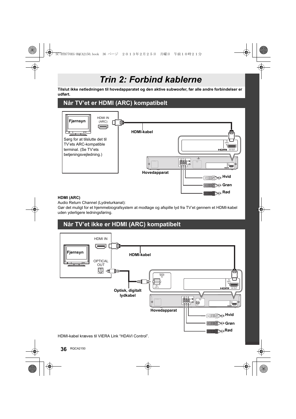 Trin 2: forbind kablerne, Når tv’et er hdmi (arc) kompatibelt, Når tv’et ikke er hdmi (arc) kompatibelt | Hdmi-kabel kræves til viera link “hdavi control | Panasonic SCHTB770EG User Manual | Page 36 / 44