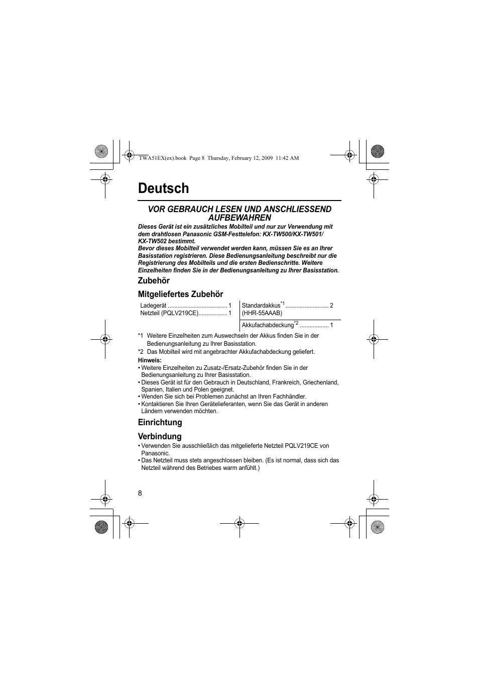 Deutsch, Vor gebrauch lesen und anschliessend aufbewahren, Zubehör mitgeliefertes zubehör | Einrichtung verbindung | Panasonic KXTWA51EX User Manual | Page 8 / 44
