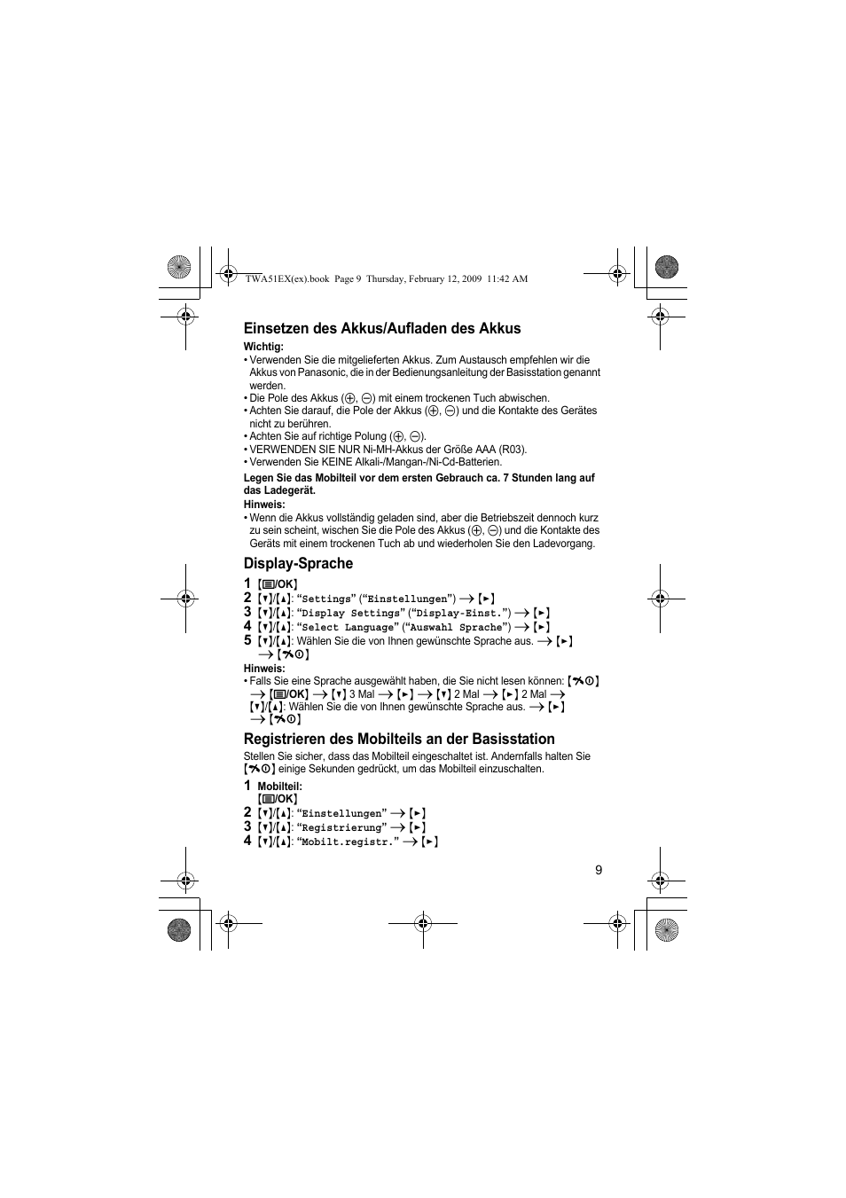 Einsetzen des akkus/aufladen des akkus, Display-sprache, Registrieren des mobilteils an der basisstation | Panasonic KXTWA51EX User Manual | Page 9 / 44