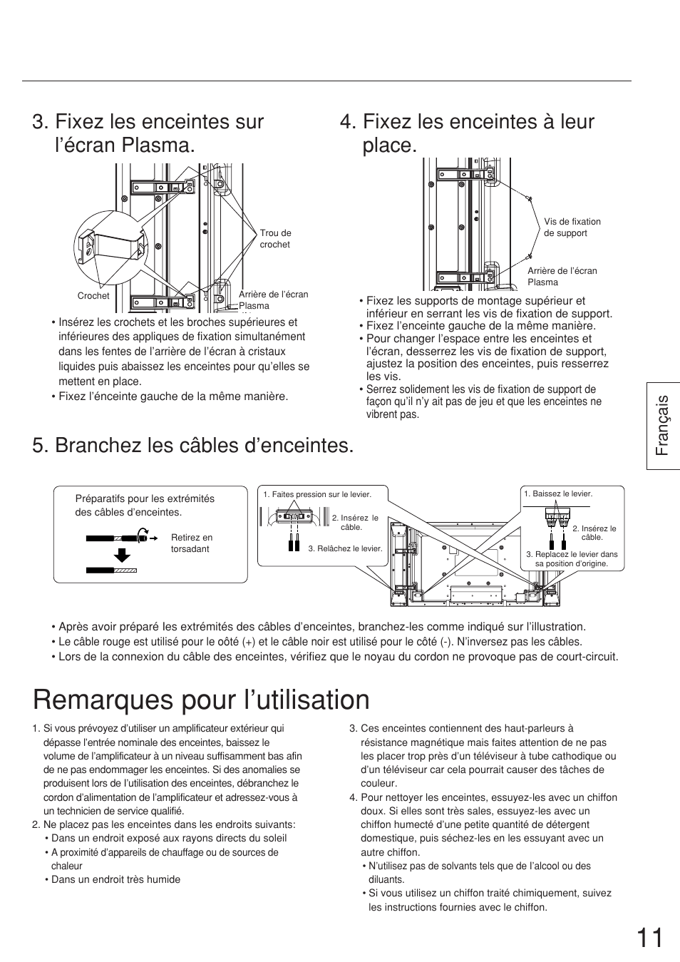 Remarques pour l’utilisation, Fixez les enceintes à leur place, Français | Panasonic TYSP37P8WS User Manual | Page 11 / 28