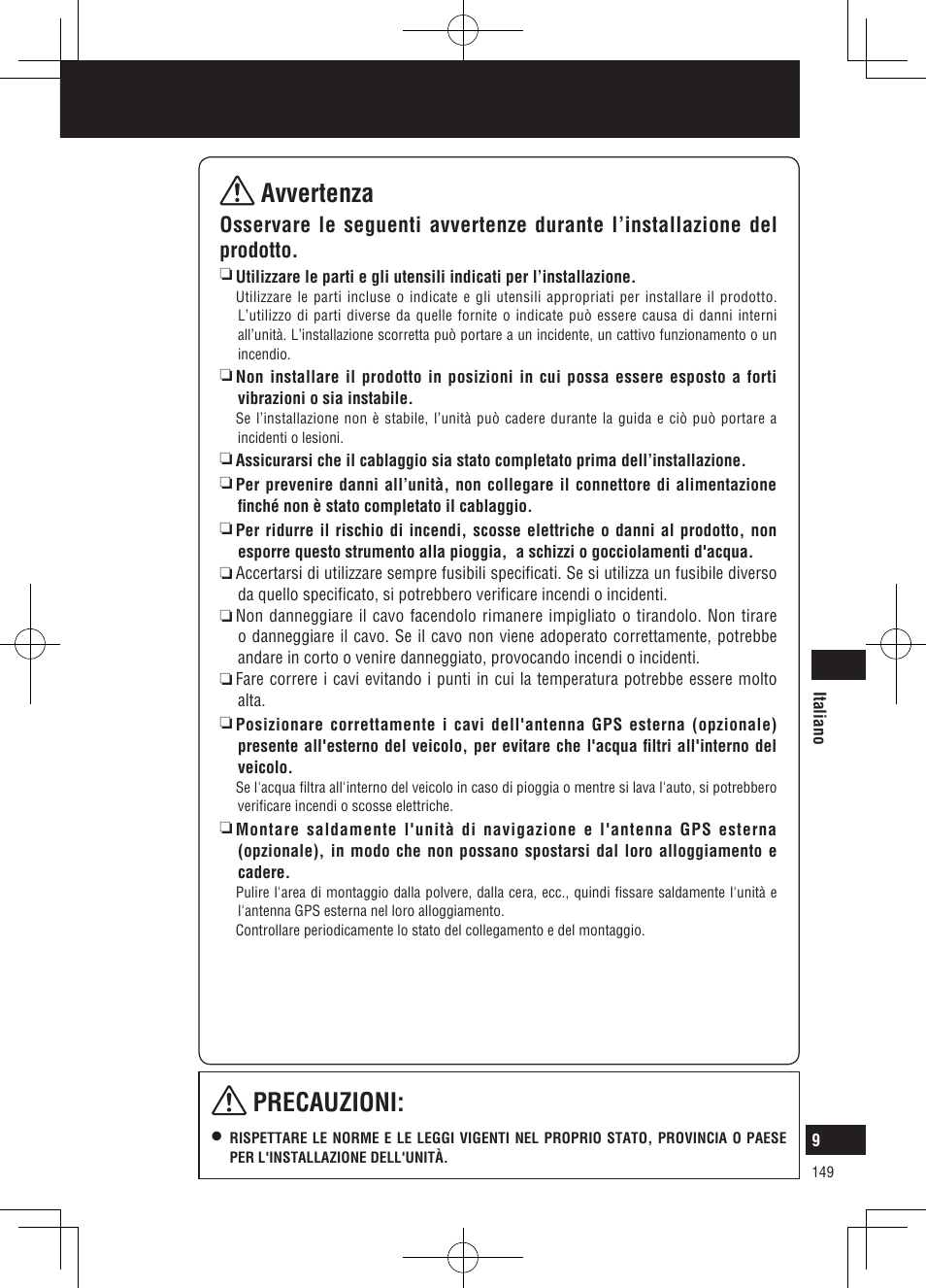 Avvertenza, Precauzioni, Informazioni per la sicurezza | Panasonic CNGP50N User Manual | Page 149 / 336