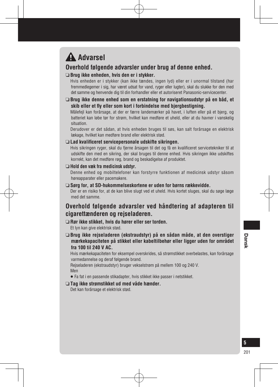 Advarsel, Sikkerhedsoplysninger | Panasonic CNGP50N User Manual | Page 201 / 336