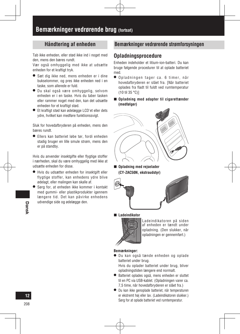 Bemærkninger vedrørende brug, Opladningsprocedure | Panasonic CNGP50N User Manual | Page 208 / 336