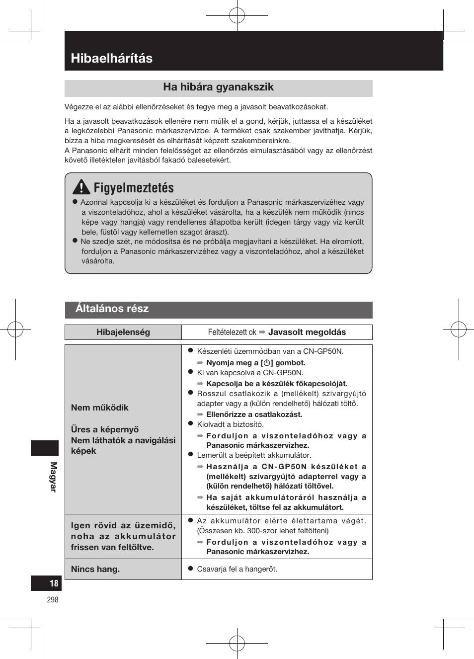 Hibaelhárítás, Figyelmeztetés, Ha hibára gyanakszik | Általános rész | Panasonic CNGP50N User Manual | Page 298 / 336