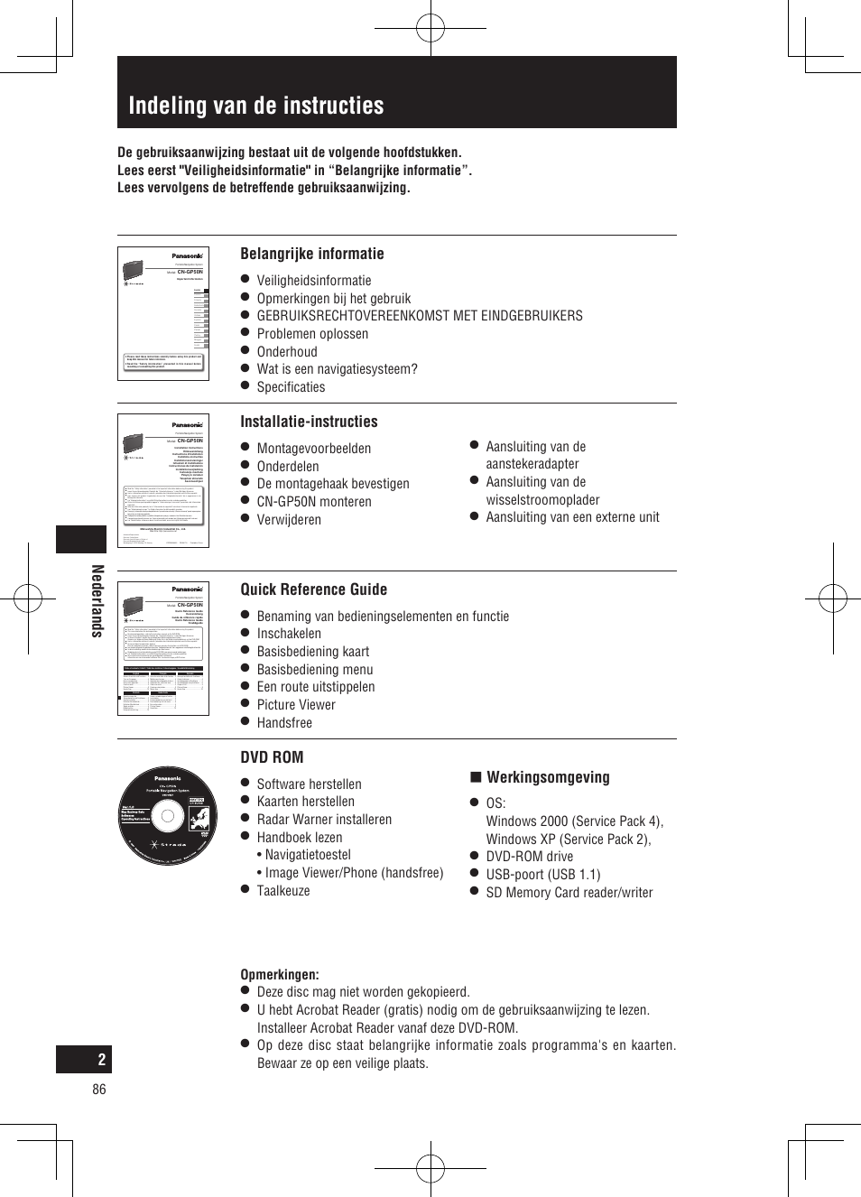 Indeling van de instructies, Nederlands, Belangrijke informatie | Quick reference guide, Installatie-instructies, Dvd rom, Werkingsomgeving, Veiligheidsinformatie, Opmerkingen bij het gebruik, Gebruiksrechtovereenkomst met eindgebruikers | Panasonic CNGP50N User Manual | Page 86 / 336
