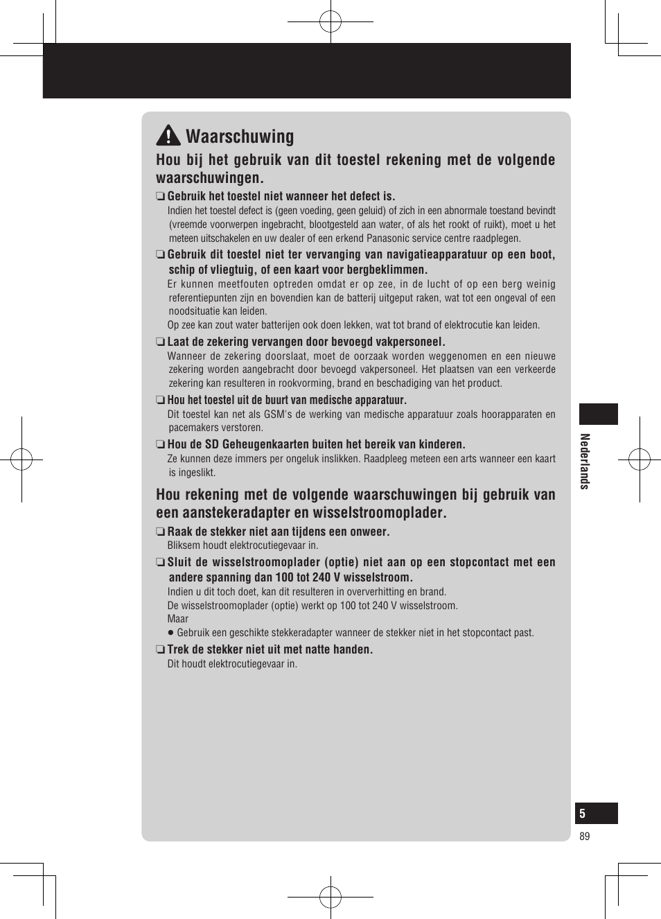 Waarschuwing, Veiligheidsinformatie | Panasonic CNGP50N User Manual | Page 89 / 336