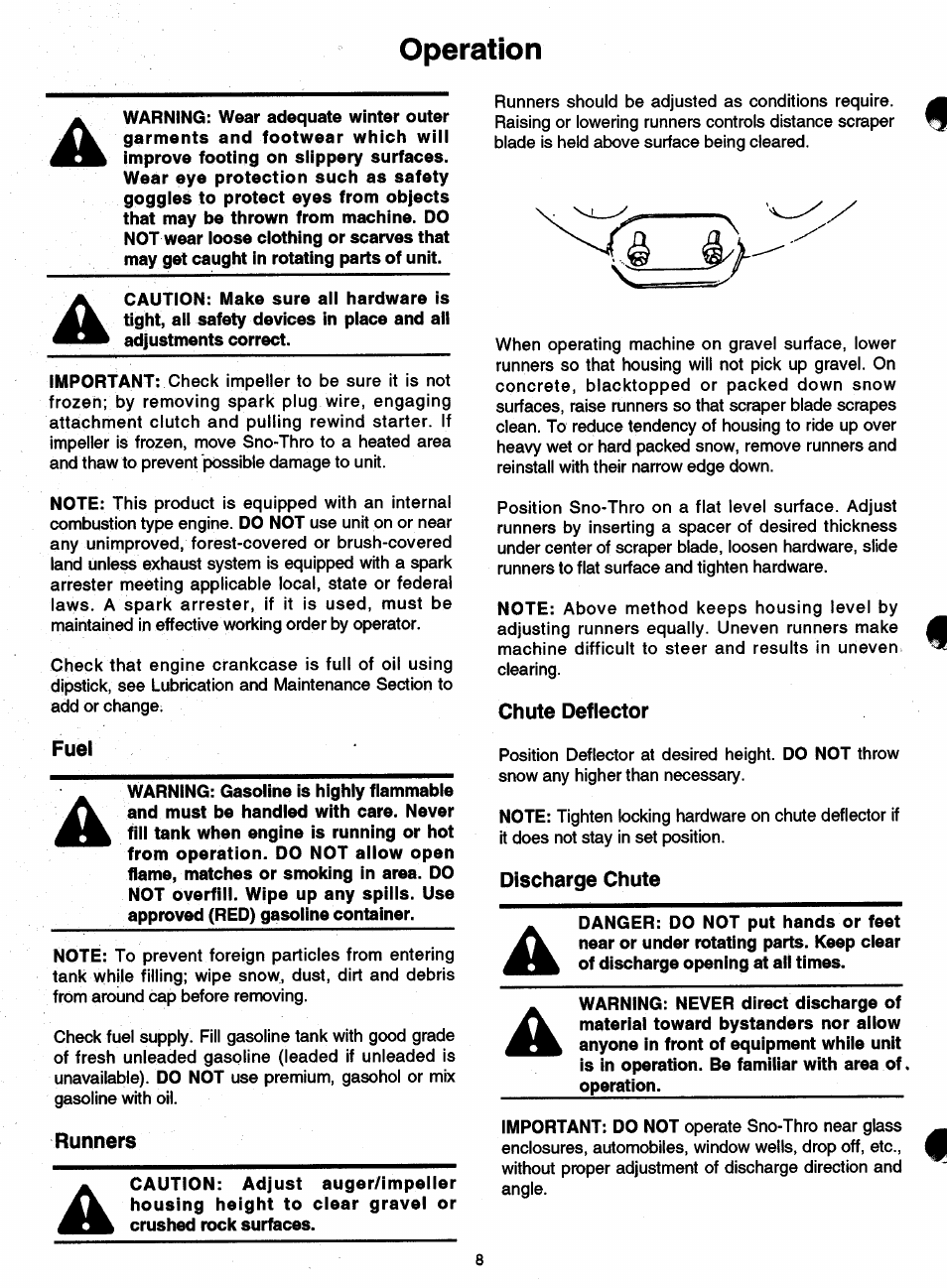 Fuel, Runners, Chute deflector | Discharge chute, Operation | Ariens SNO-THRO 932 User Manual | Page 10 / 22