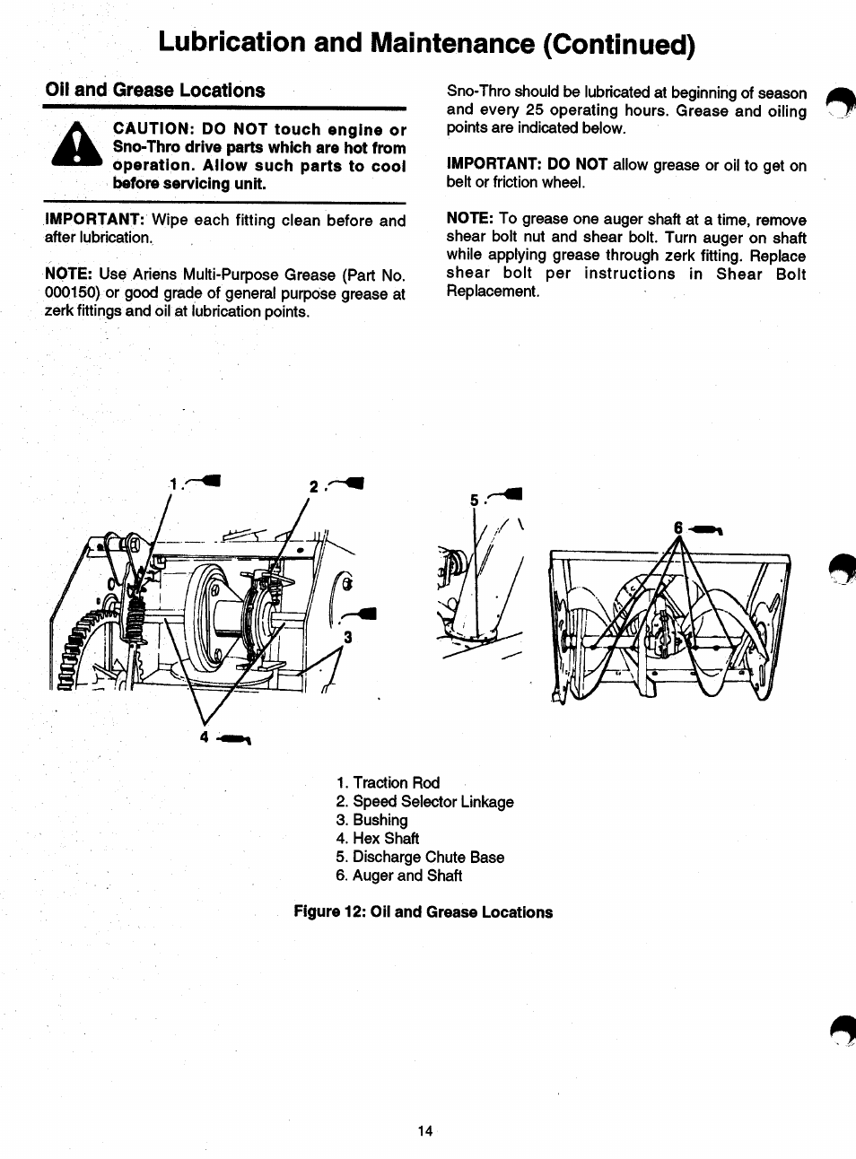 Oil and grease locations, Lubrication and maintenance (continued) | Ariens SNO-THRO 932 User Manual | Page 16 / 22