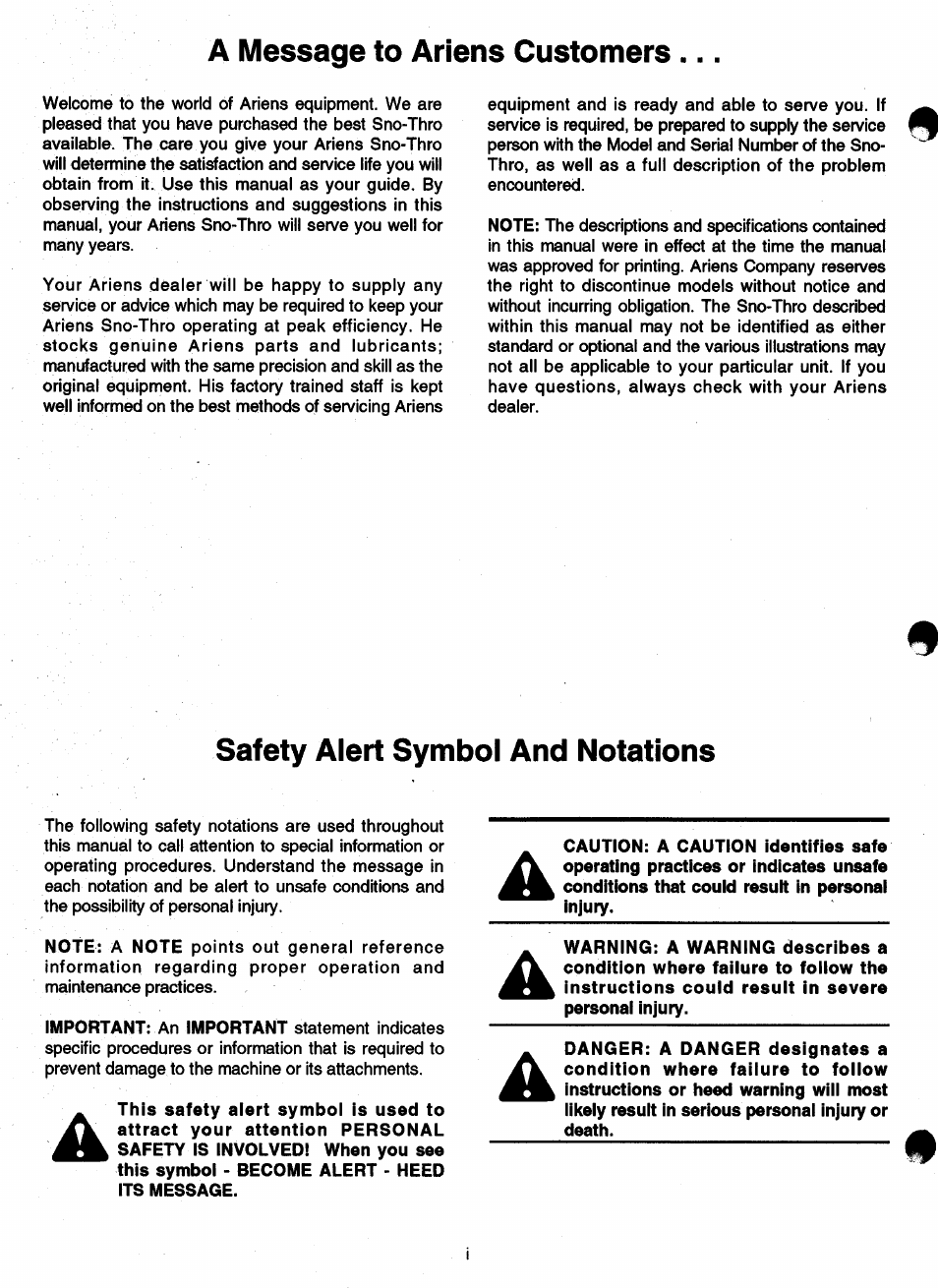 A message to ariens customers, Safety alert symbol and notations | Ariens SNO-THRO 932 User Manual | Page 2 / 22