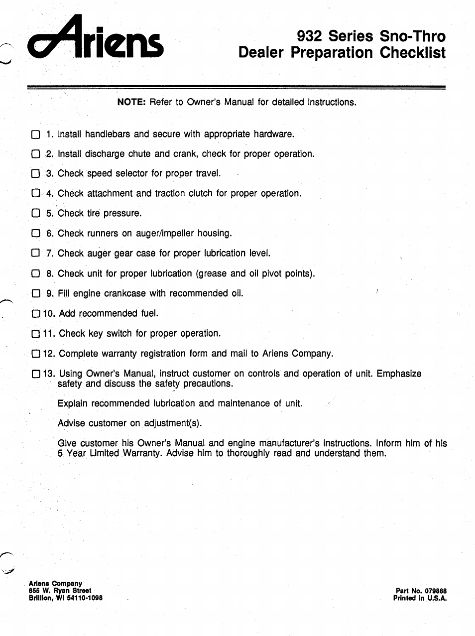Ariens, 932 series sno-thro dealer preparation checklist | Ariens SNO-THRO 932 User Manual | Page 21 / 22