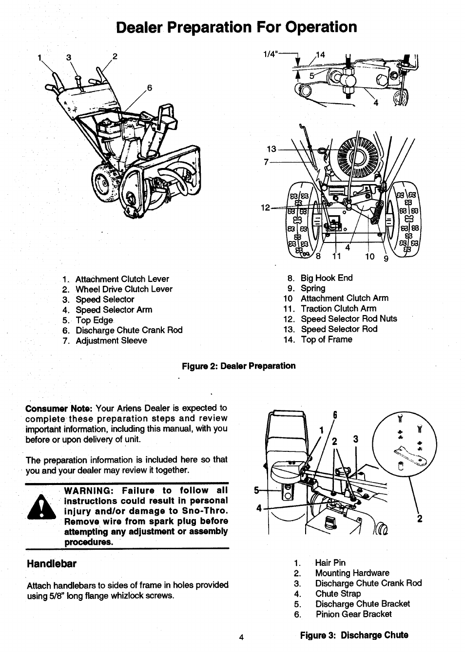 Handlebar, Dealer preparation for operation | Ariens SNO-THRO 932 User Manual | Page 6 / 22