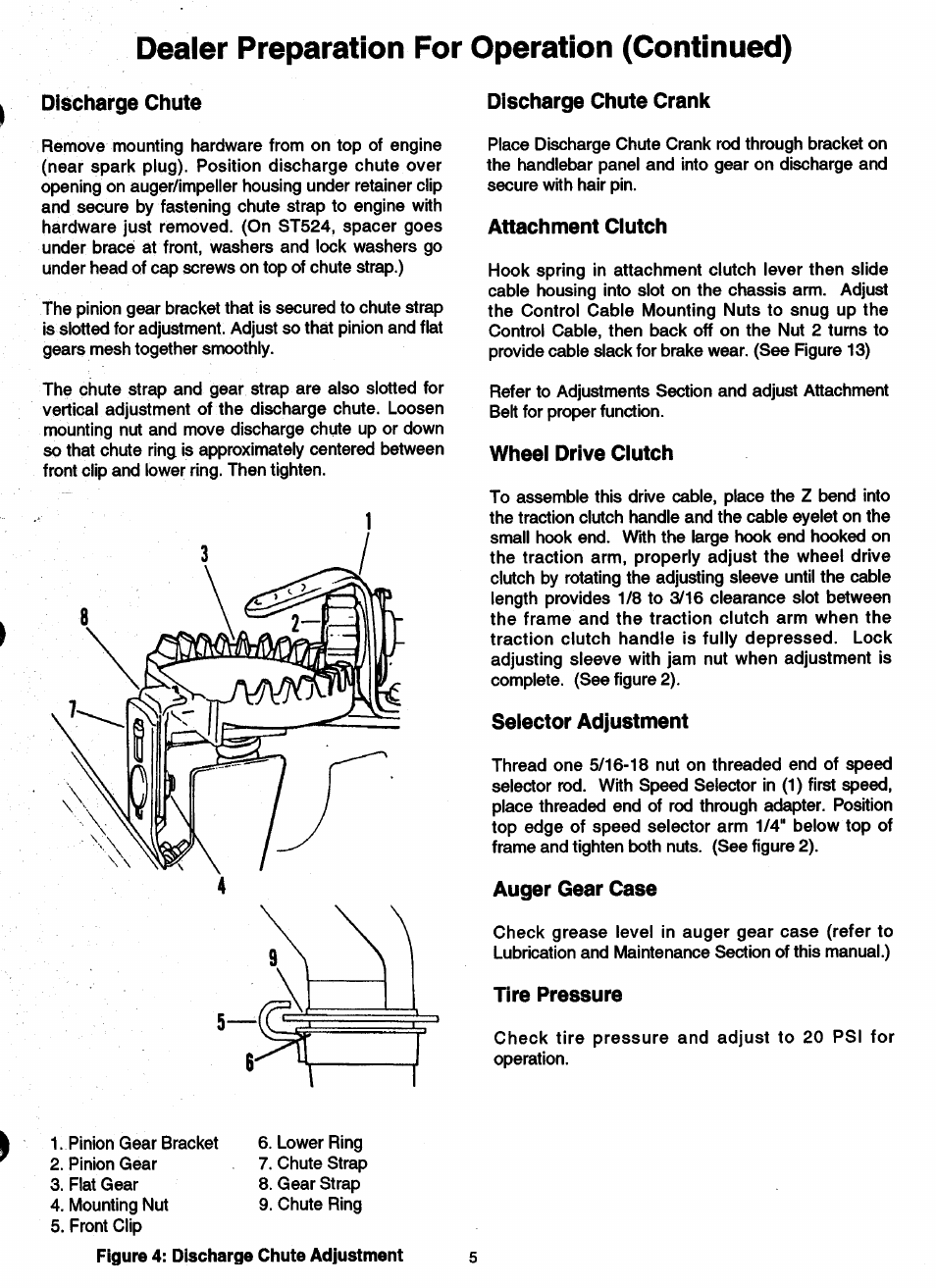Discharge chute, Discharge chute crank, Attachment clutch | Wheel drive clutch, Selector adjustment, Auger gear case, Tire pressure, Dealer preparation for operation (continued) | Ariens SNO-THRO 932 User Manual | Page 7 / 22