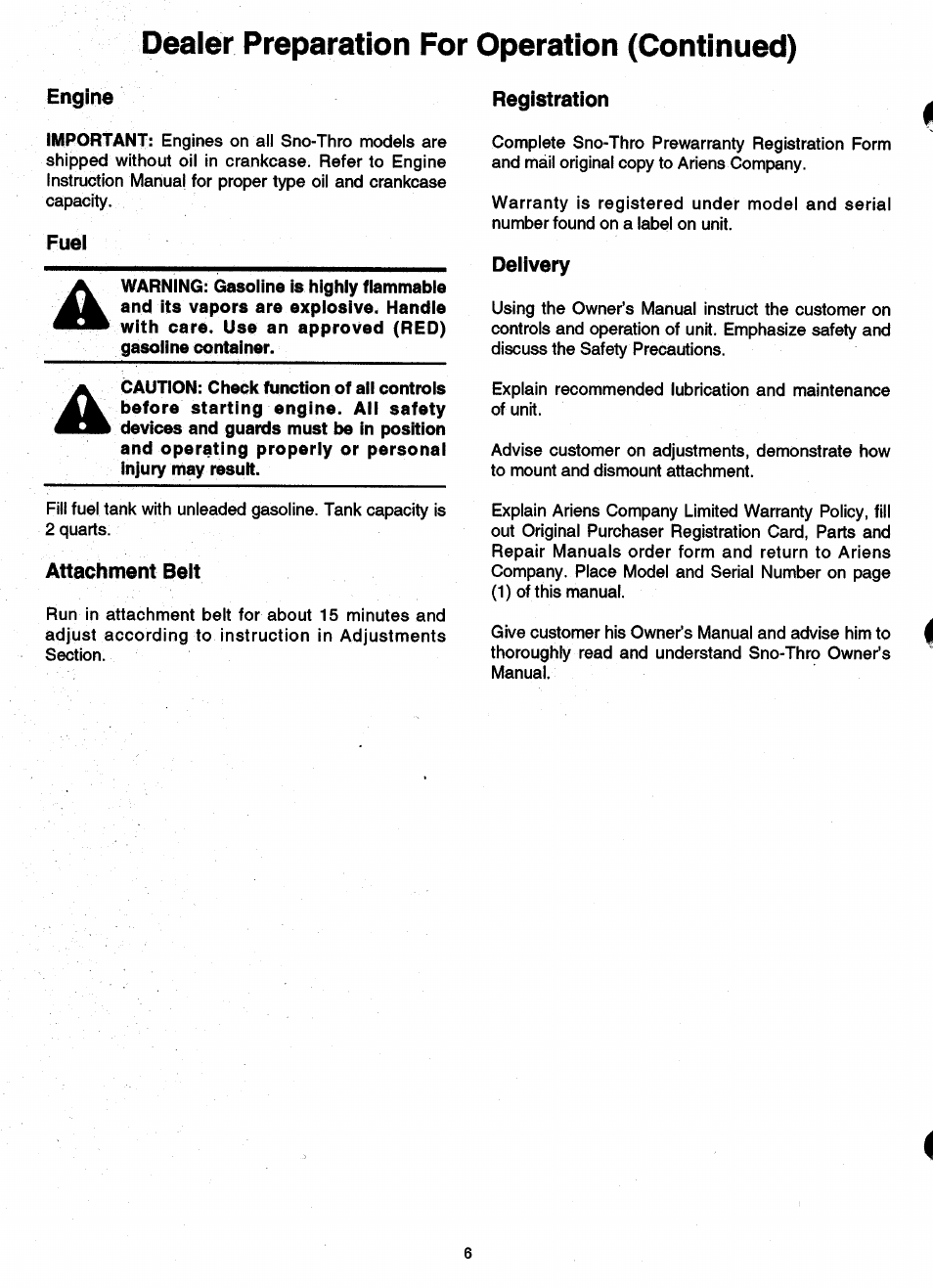 Attachment belt, Registration, Delivery | Dealer preparation for operation (continued) | Ariens SNO-THRO 932 User Manual | Page 8 / 22