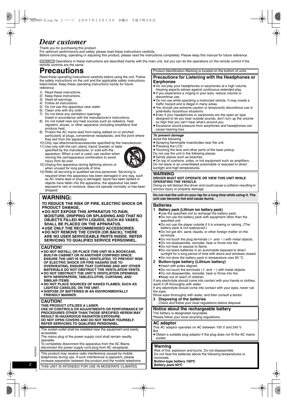 Dear customer, Precautions, Warning | Panasonic DVDLS83 User Manual | Page 2 / 108
