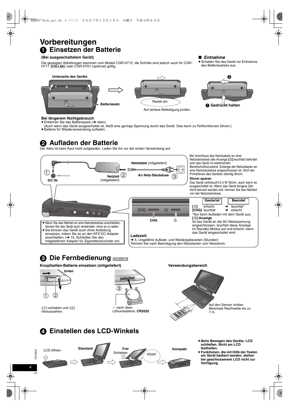 Vorbereitungen, 1 einsetzen der batterie 2 aufladen der batterie, 3 die fernbedienung | 4 einstellen des lcd-winkels | Panasonic DVDLS83 User Manual | Page 22 / 108