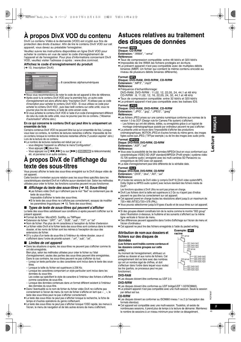 À propos divx vod du contenu, Lectur e | Panasonic DVDLS83 User Manual | Page 45 / 108