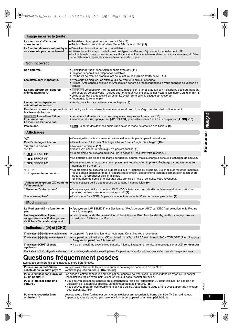 Questions fréquemment posées, Ré fé re nce | Panasonic DVDLS83 User Manual | Page 55 / 108