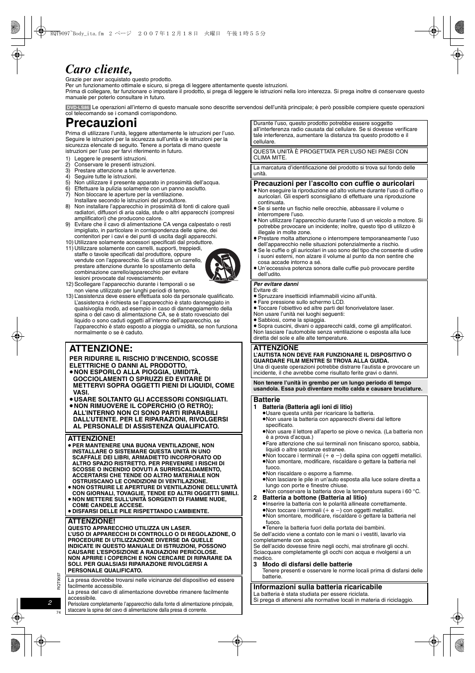 Caro cliente, Precauzioni, Attenzione | Panasonic DVDLS83 User Manual | Page 74 / 108