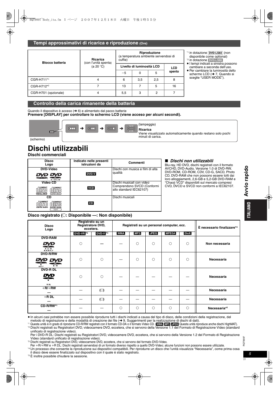 Dischi utilizzabili, Av vio rapi do, Tempi approssimativi di ricarica e riproduzione | Controllo della carica rimanente della batteria | Panasonic DVDLS83 User Manual | Page 77 / 108