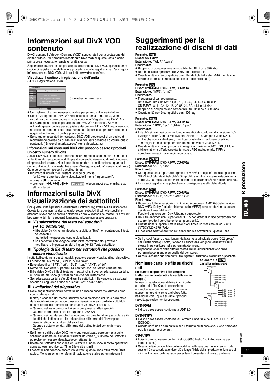 Informazioni sul divx vod contenuto, Ripr oduzi one | Panasonic DVDLS83 User Manual | Page 81 / 108