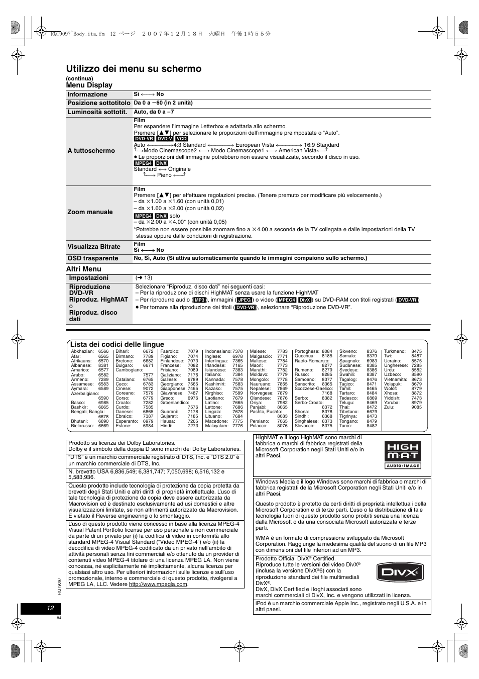 Utilizzo dei menu su schermo, Menu display altri menu, Lista dei codici delle lingue | Panasonic DVDLS83 User Manual | Page 84 / 108