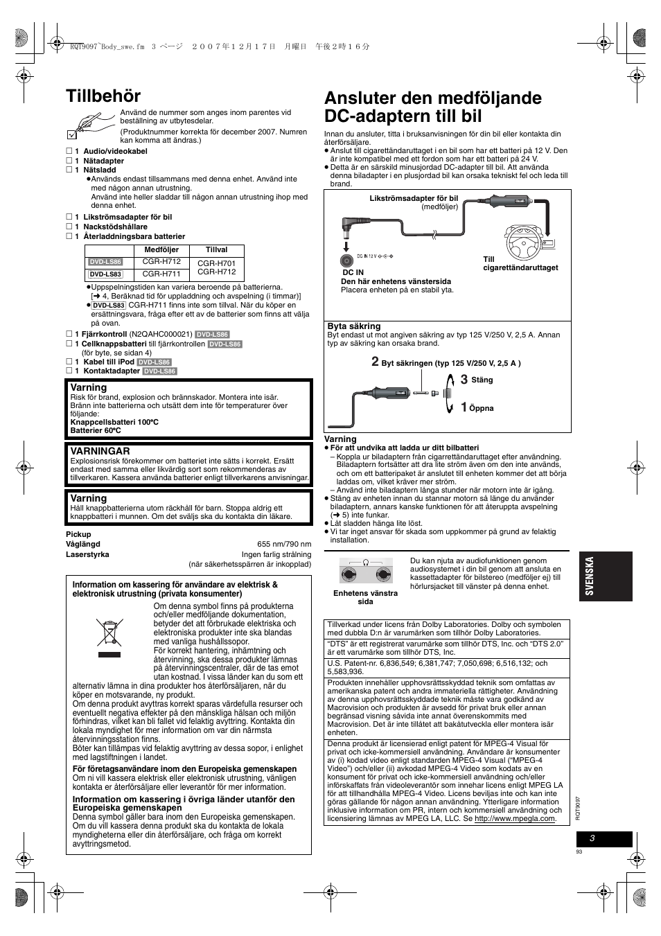 Tillbehör, Ansluter den medföljande dc-adaptern till bil | Panasonic DVDLS83 User Manual | Page 93 / 108