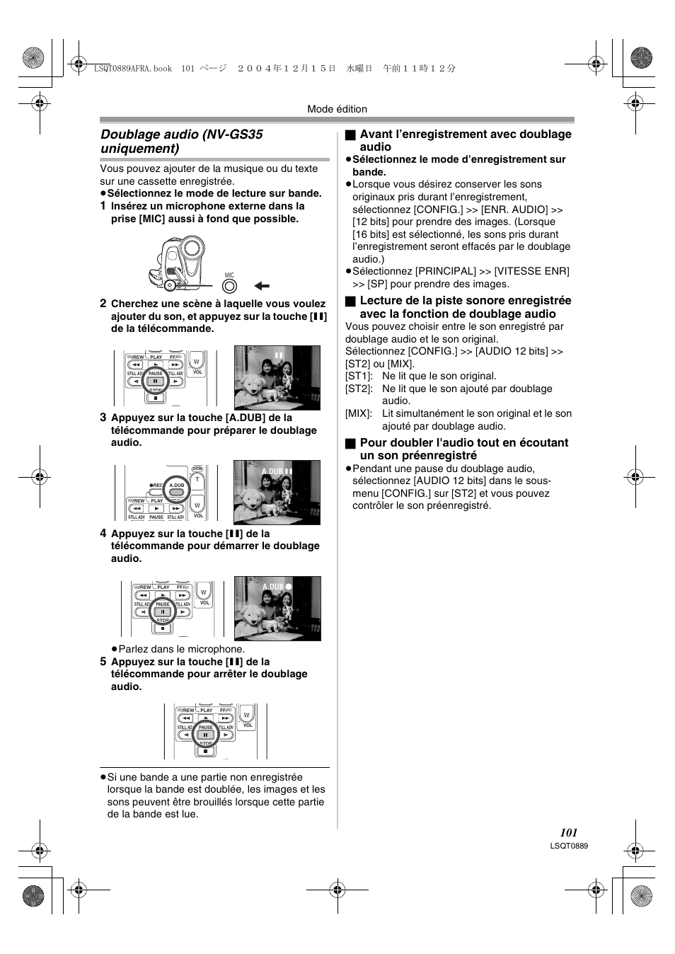 Doublage audio (nv-gs35 uniquement), Avant l’enregistrement avec doublage audio, Mode édition | Panasonic NVGS21EG User Manual | Page 101 / 236
