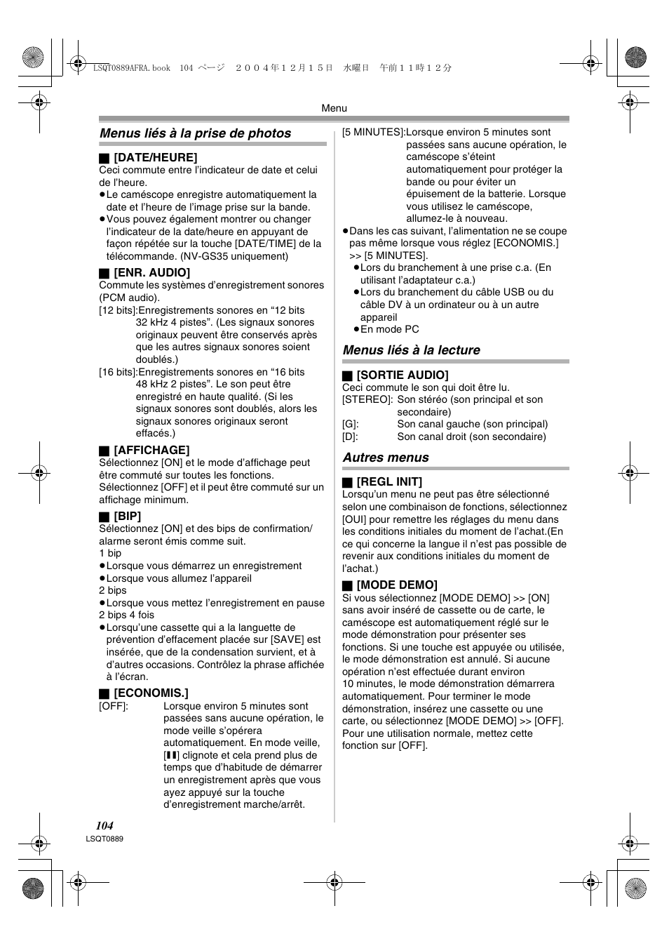 Menus liés à la prise de photos, Menus liés à la lecture, Autres menus | Panasonic NVGS21EG User Manual | Page 104 / 236