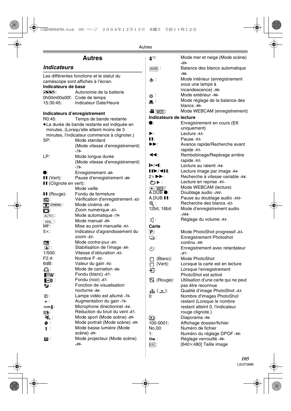 Autres, Indicateurs | Panasonic NVGS21EG User Manual | Page 105 / 236