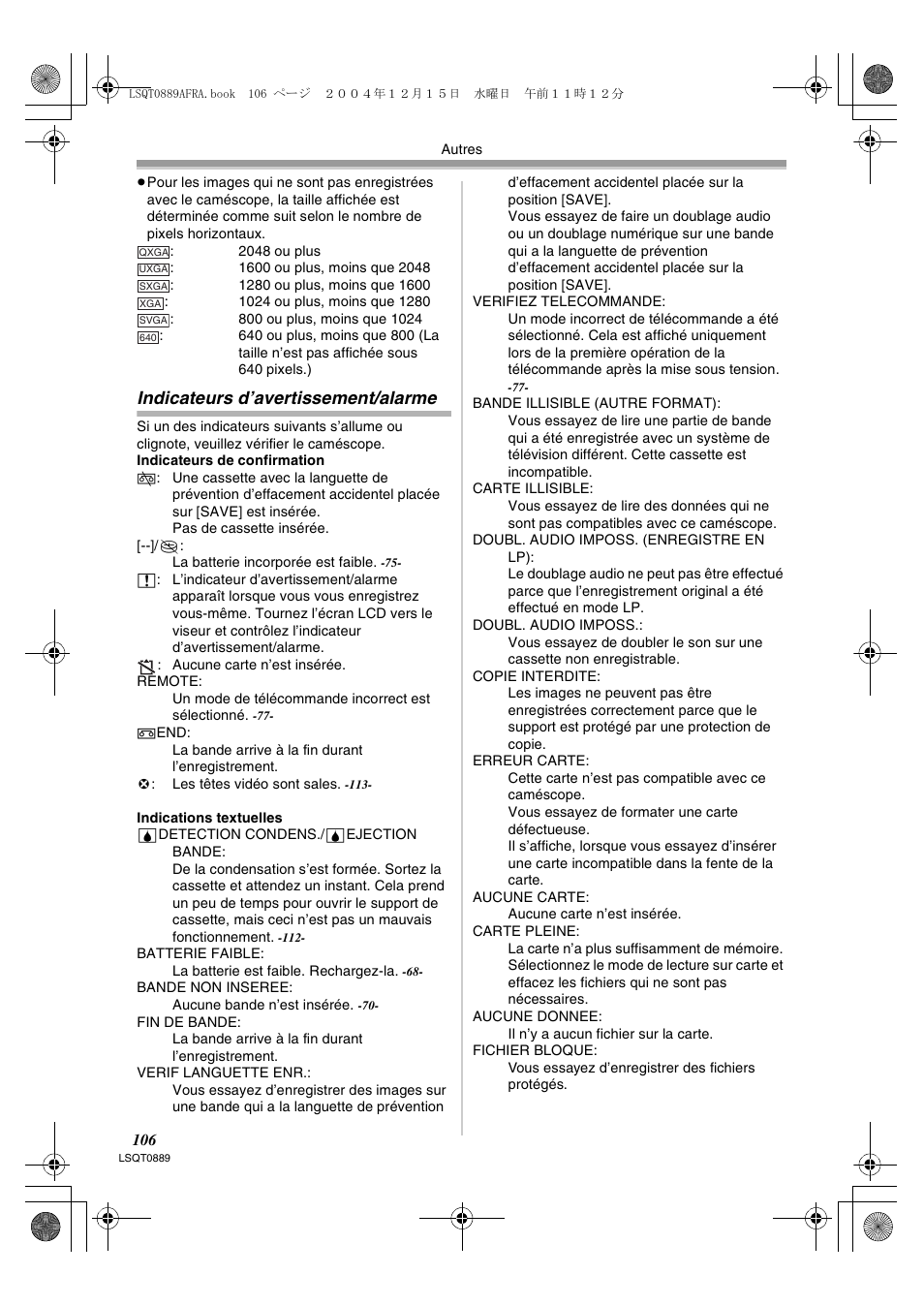 Indicateurs d’avertissement/alarme | Panasonic NVGS21EG User Manual | Page 106 / 236