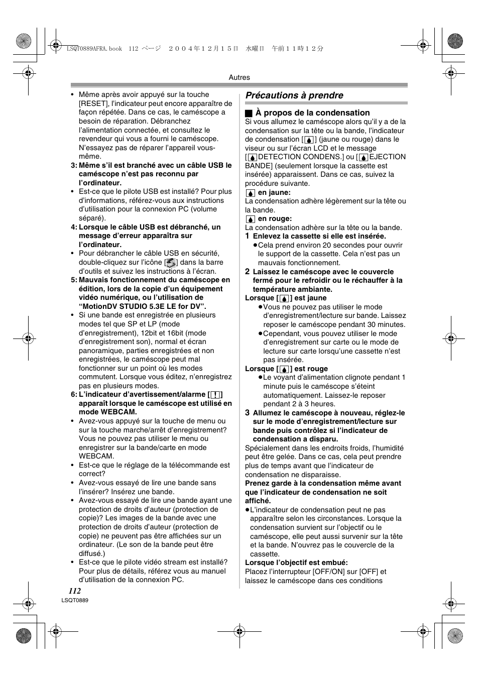 Précautions à prendre | Panasonic NVGS21EG User Manual | Page 112 / 236
