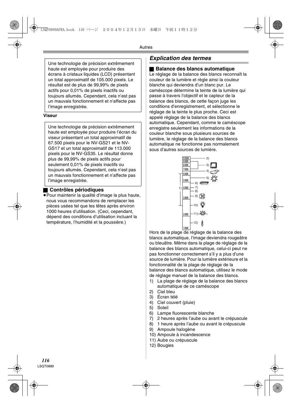 Explication des termes, Contrôles périodiques, Balance des blancs automatique | Panasonic NVGS21EG User Manual | Page 116 / 236