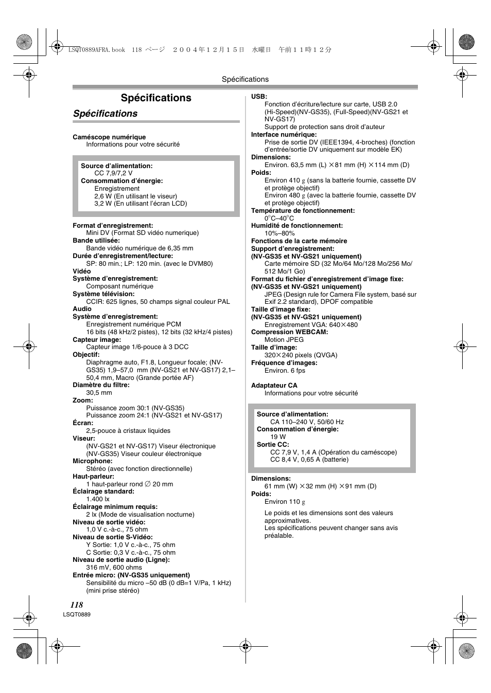 Spécifications | Panasonic NVGS21EG User Manual | Page 118 / 236