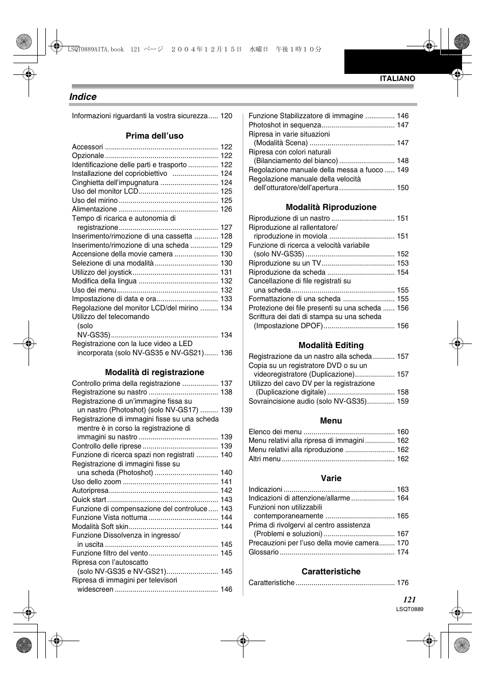Indice | Panasonic NVGS21EG User Manual | Page 121 / 236