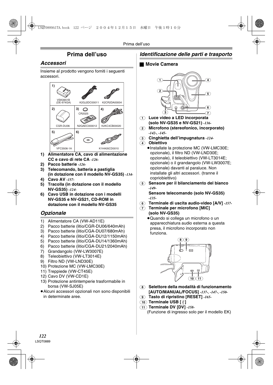 Prima dell’uso, Accessori, Opzionale | Identificazione delle parti e trasporto | Panasonic NVGS21EG User Manual | Page 122 / 236
