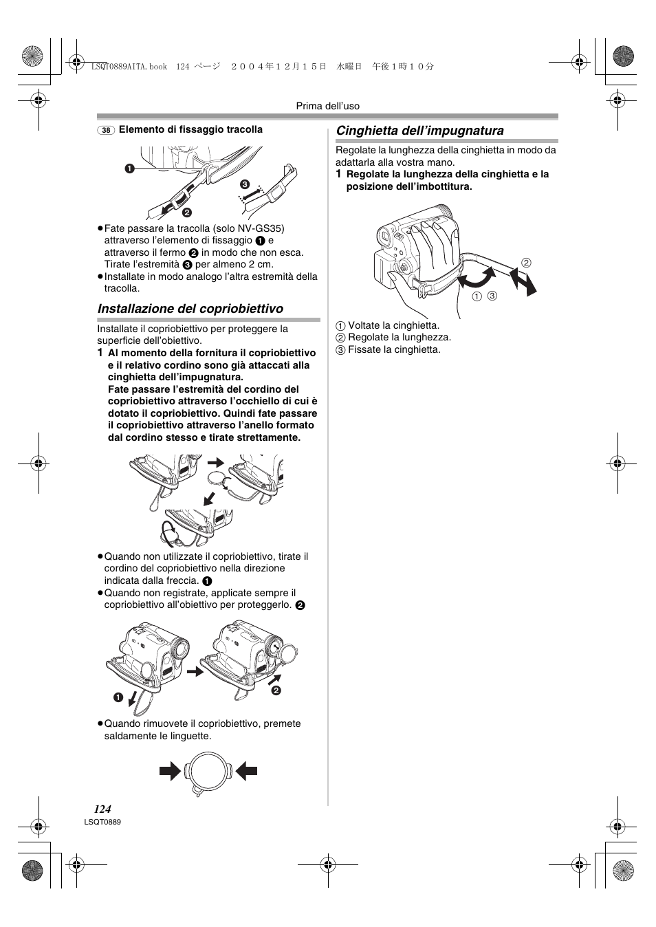 Installazione del copriobiettivo, Cinghietta dell’impugnatura | Panasonic NVGS21EG User Manual | Page 124 / 236