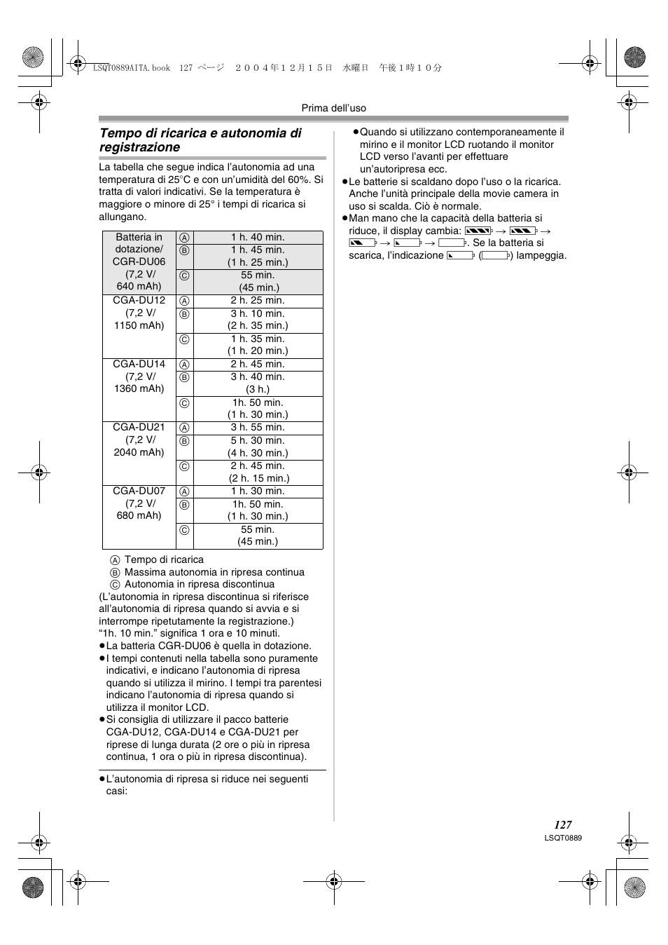 Tempo di ricarica e autonomia di, Registrazione, Tempo di ricarica e autonomia di registrazione | Panasonic NVGS21EG User Manual | Page 127 / 236